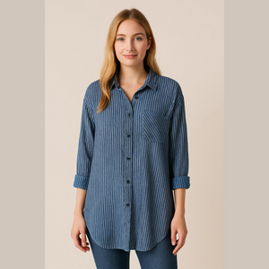 Eden & Olivia denim look Striped button down shirt, 3/4 sleeves, size S,